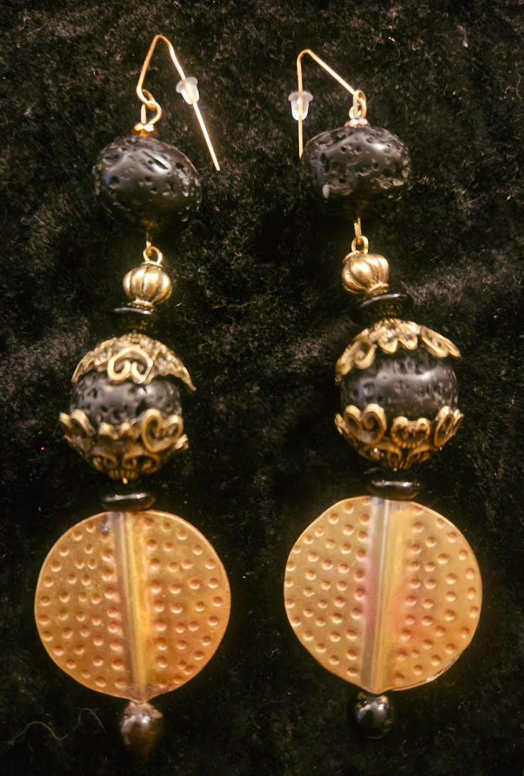 Rough Black Lava & Gold Metal Dangle Pierced Statement Earrings Rich