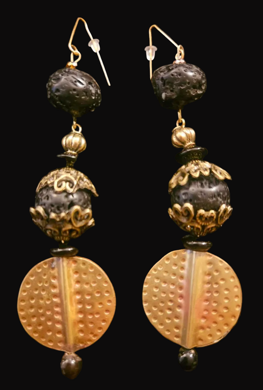 Rough Black Lava & Hammered Brass Metal Dangle Pierced Earrings - Exotic