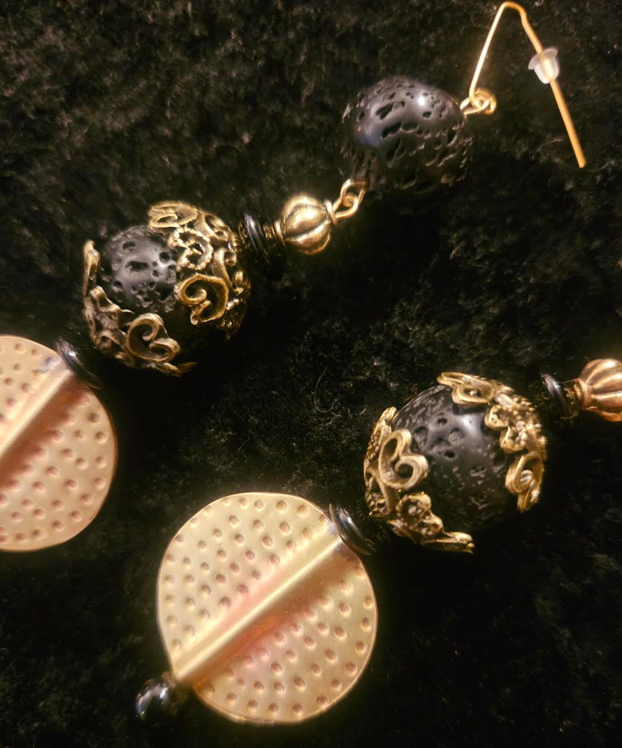 Rough Black Lava & Gold Metal Dangle Pierced Statement Earrings Rich