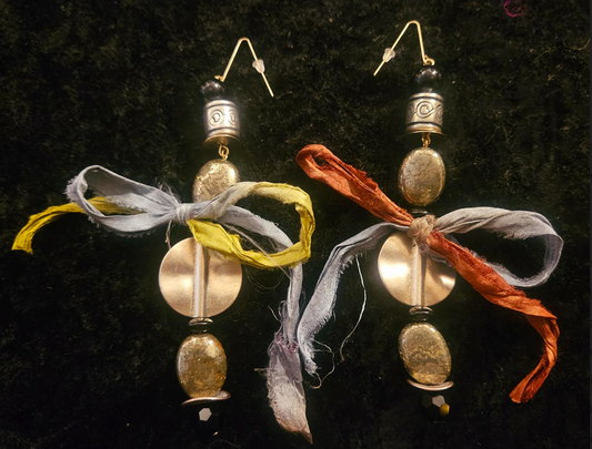 Mixed Metal Beaded Pierced Earring with Sari Silk Ribbon Bow Pyri