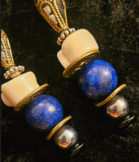 Lapis Lazuli Coral and Crystal Shoulder Dusters Inlaid Tibetan Bi