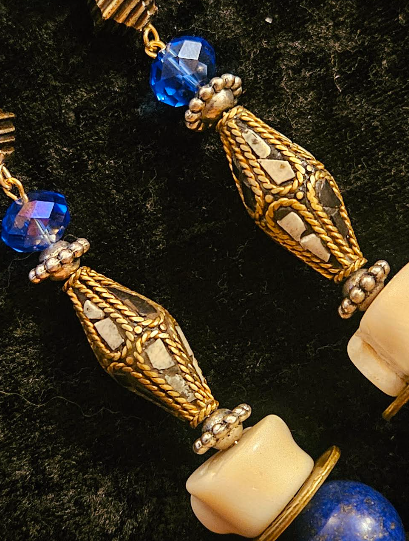Lapis Lazuli Coral and Crystal Shoulder Dusters Inlaid Tibetan Bi