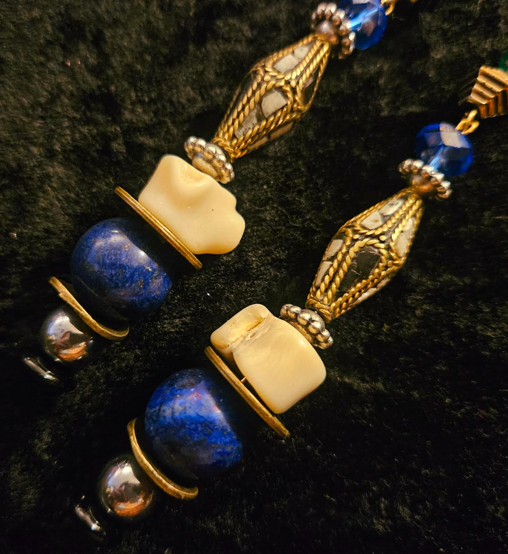 Lapis Lazuli Coral and Crystal Shoulder Dusters Inlaid Tibetan Bi