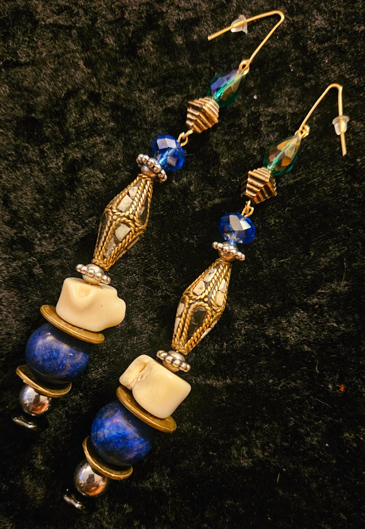 Lapis Lazuli Coral and Crystal Shoulder Dusters Inlaid Tibetan Bi