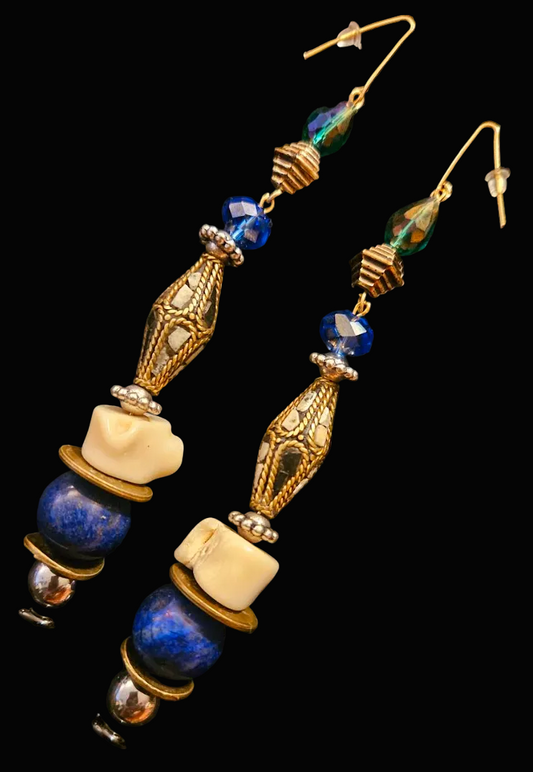 Lapis Lazuli, Coral and Crystal Shoulder Duster Pierced Earrings