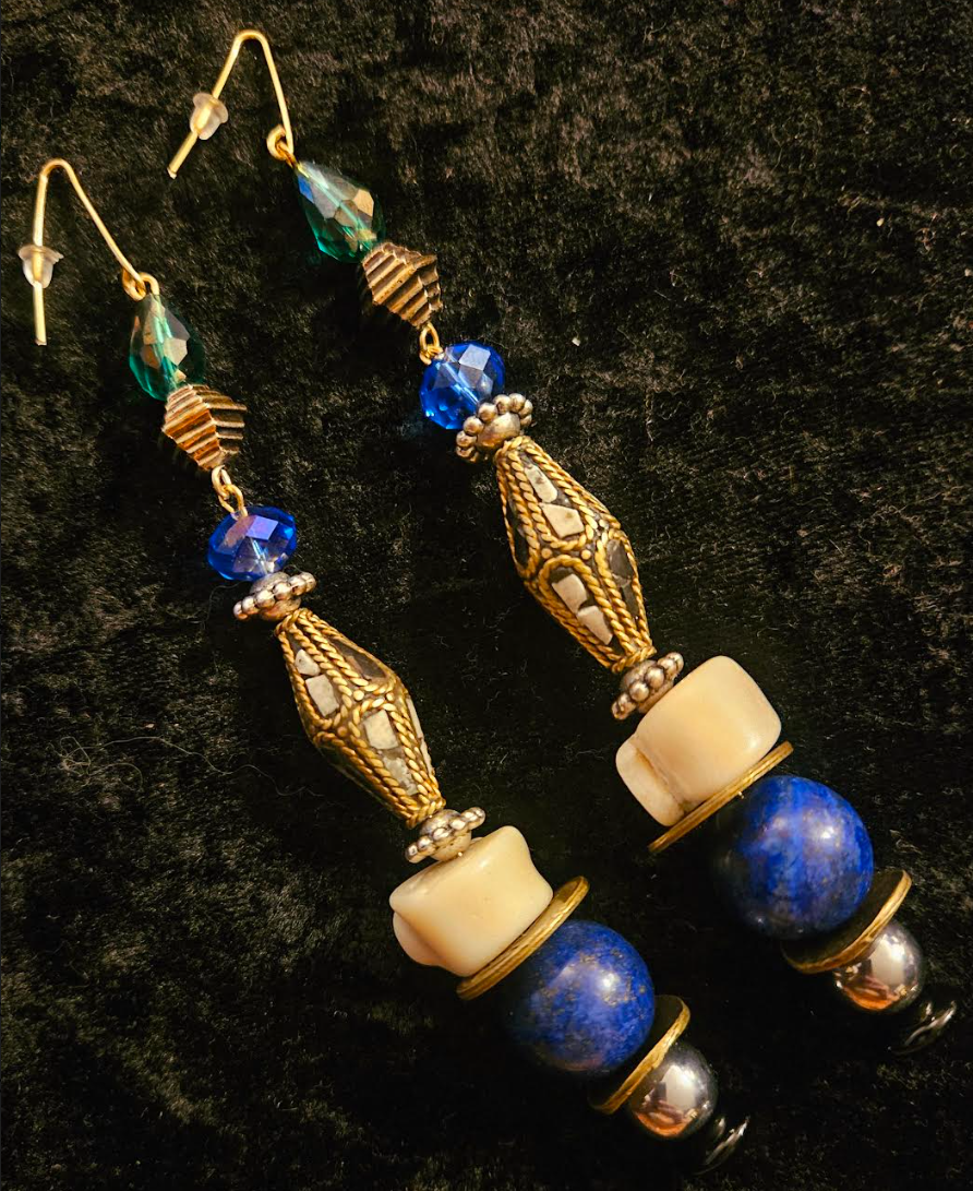 Lapis Lazuli Coral and Crystal Shoulder Dusters Inlaid Tibetan Bi