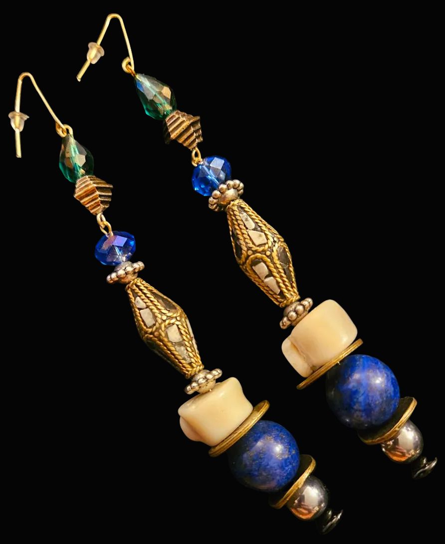 Lapis Lazuli, Coral and Crystal Shoulder Duster Pierced Earrings