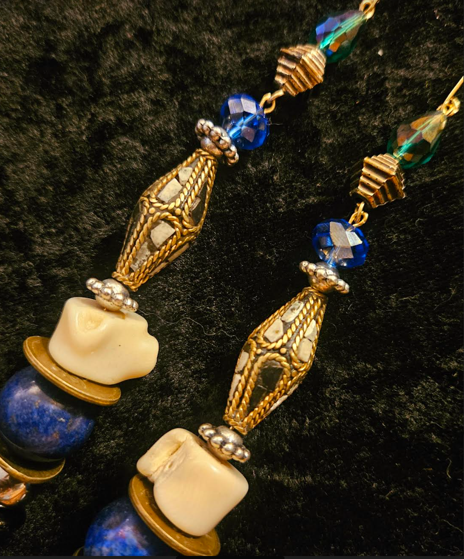 Lapis Lazuli Coral and Crystal Shoulder Dusters Inlaid Tibetan Bi