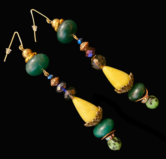 Emerald Agate, Ruby Zoisite & Crystal Shoulder Duster Earrings