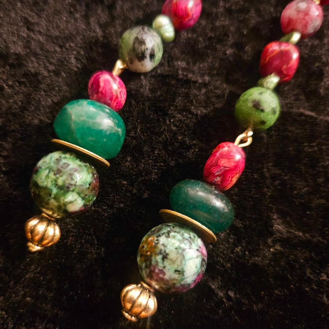 Green Pink & Burgundy Gemstone Pierced Statement Earrings Emerald Ag