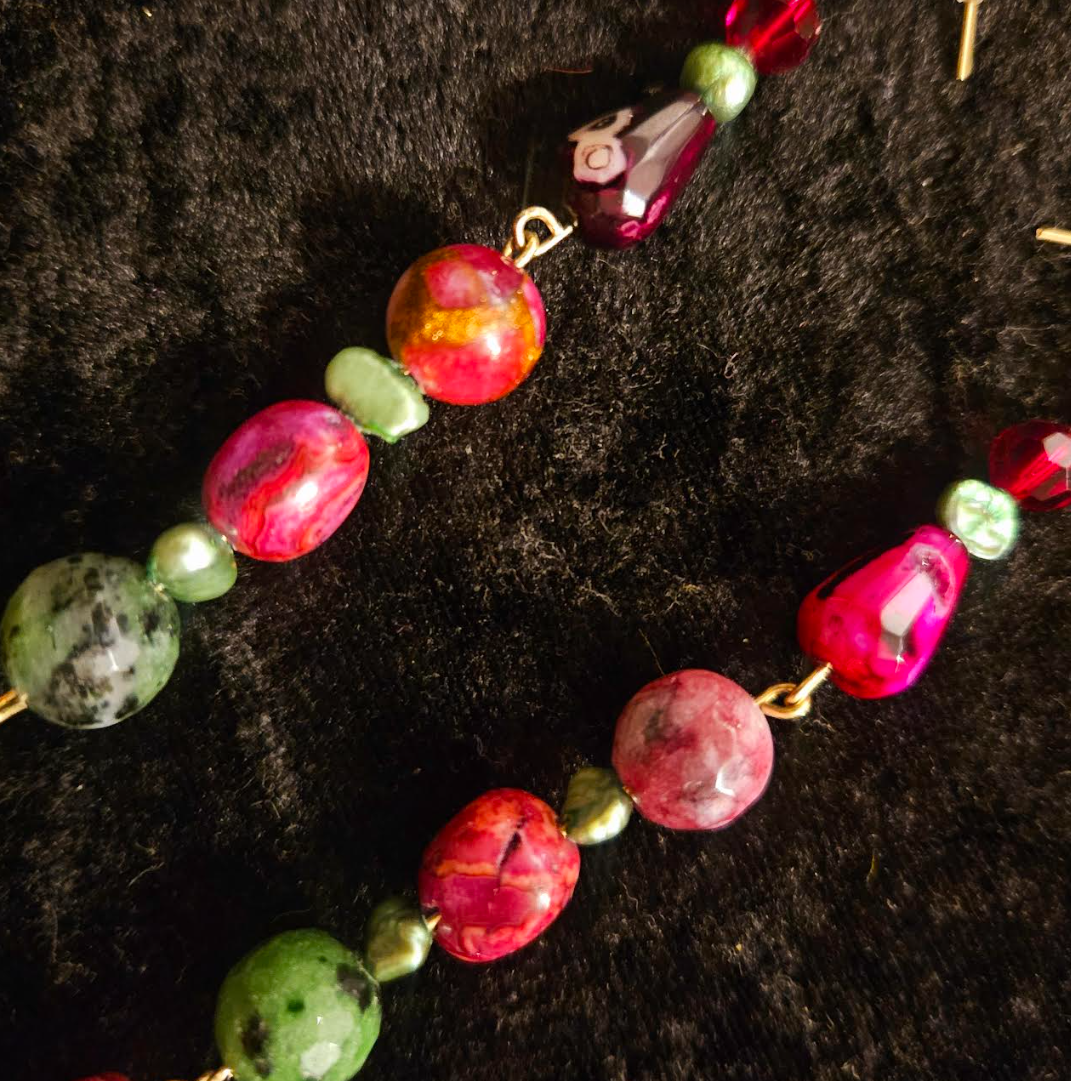 Green Pink & Burgundy Gemstone Pierced Statement Earrings Emerald Ag