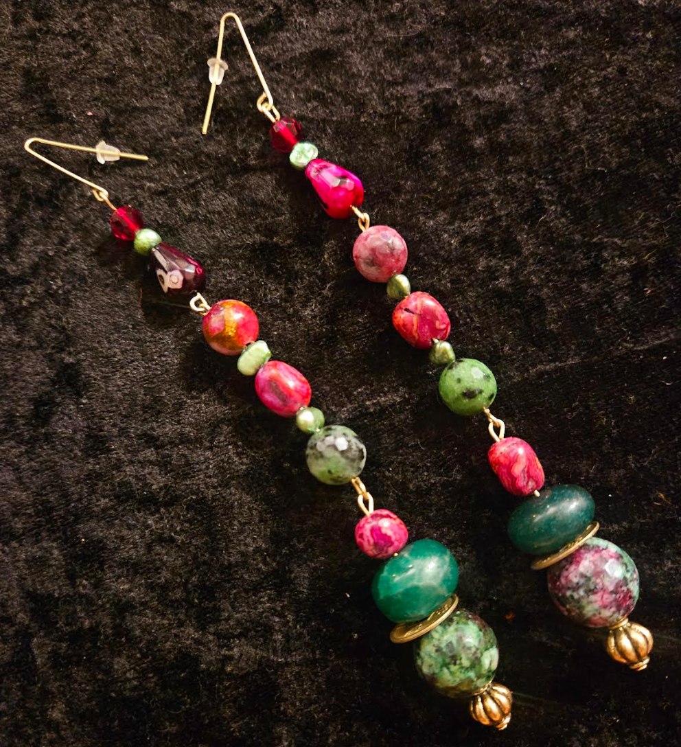 Green Pink & Burgundy Gemstone Pierced Statement Earrings Emerald Ag