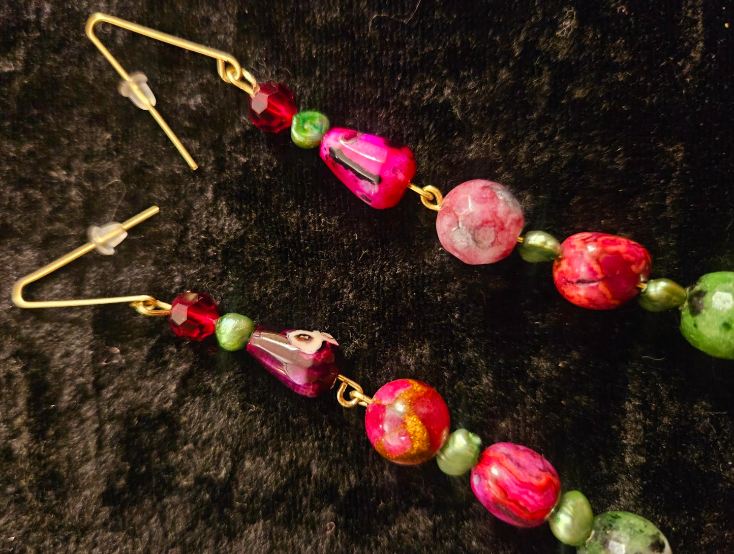 Green Pink & Burgundy Gemstone Pierced Statement Earrings Emerald Ag