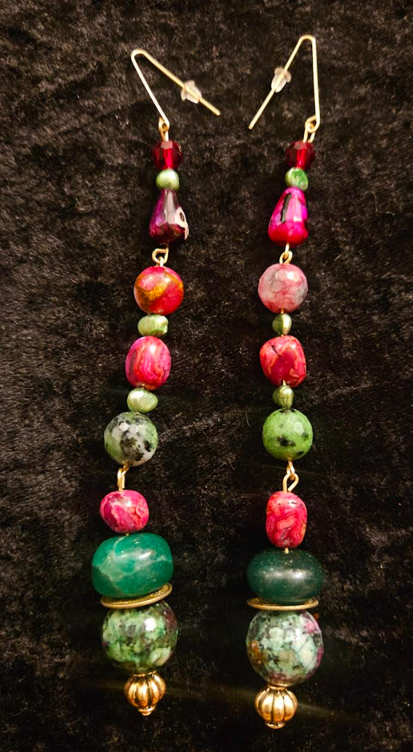 Green Pink & Burgundy Gemstone Pierced Statement Earrings Emerald Ag