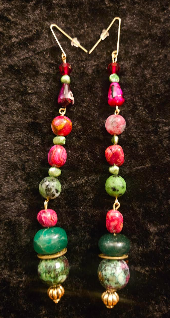 Green Pink & Burgundy Gemstone Pierced Statement Earrings Emerald Ag