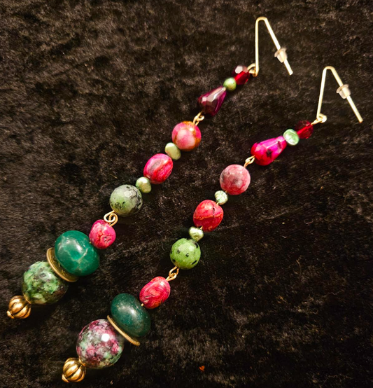 Green Pink & Burgundy Gemstone Pierced Statement Earrings Emerald Ag