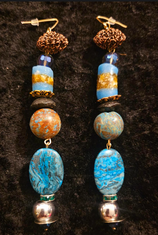 Agate Jasper & African Glass Long Beaded Pierced Statement Earrings