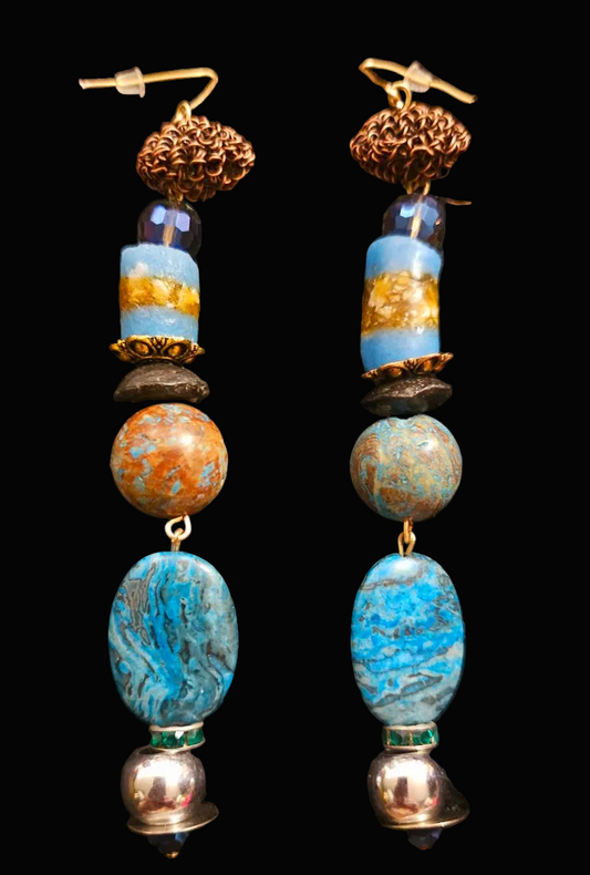 Agate Jasper & African Glass Long Beaded Pierced Statement Earrings