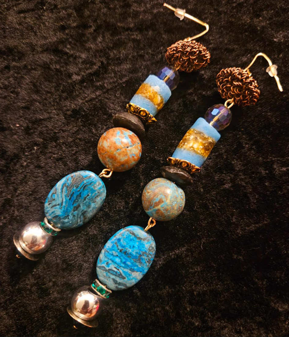Agate Jasper & African Glass Long Beaded Pierced Statement Earrings