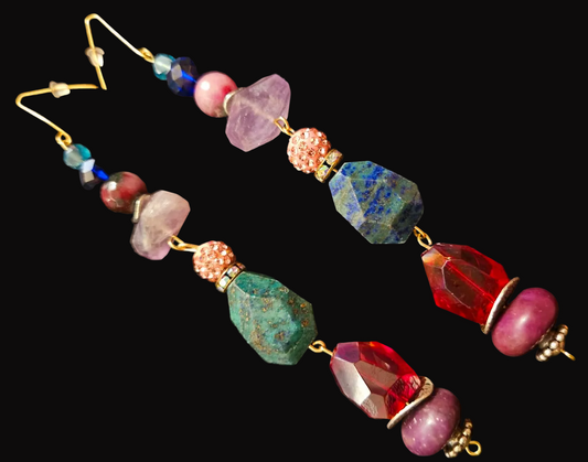 Colorful Mixed Media Beaded Gemstone & Crystal Long Pierced Earring