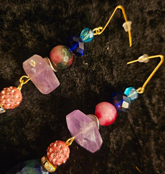 Colorful Mixed Media Beaded Gemstone & Crystal Long Pierced Earring