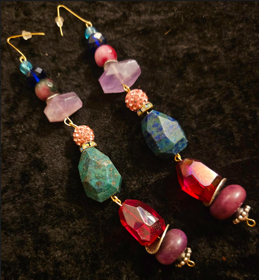 Colorful Mixed Media Beaded Gemstone & Crystal Long Pierced Earring
