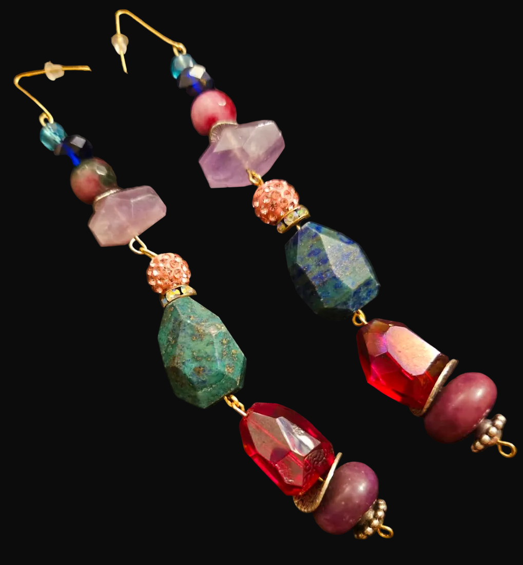 Colorful Mixed Media Beaded Gemstone & Crystal Long Pierced Earring