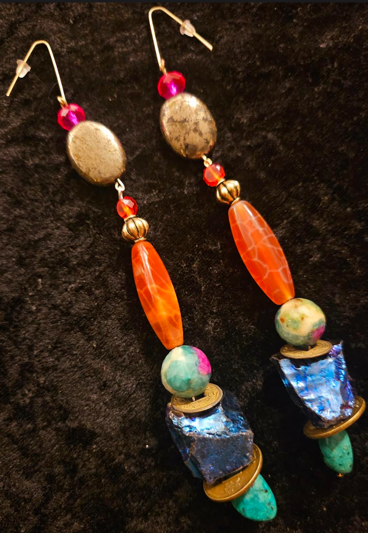 Long and Colorful Mixed Gemstone Pierced Statement Earrings Quartz A