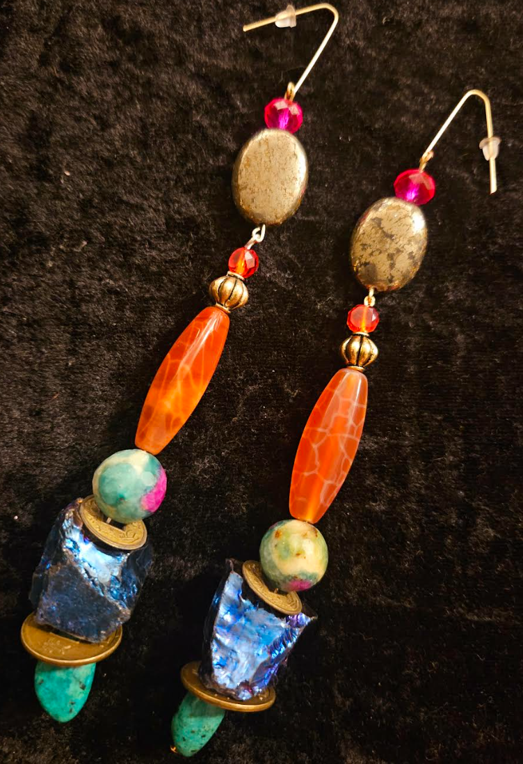 Long and Colorful Mixed Gemstone Pierced Statement Earrings Quartz A