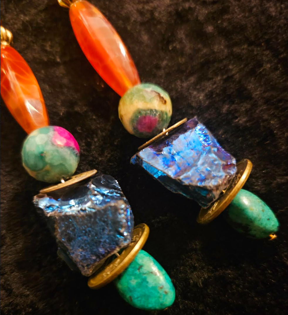 Long and Colorful Mixed Gemstone Pierced Statement Earrings Quartz A