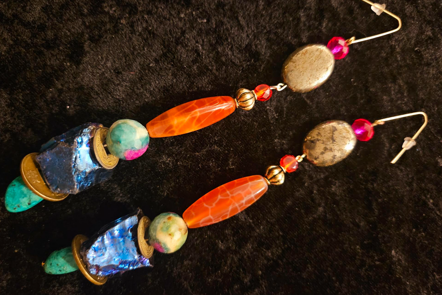 Long and Colorful Mixed Gemstone Pierced Statement Earrings Quartz A