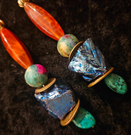 Long and Colorful Mixed Gemstone Pierced Statement Earrings Quartz A