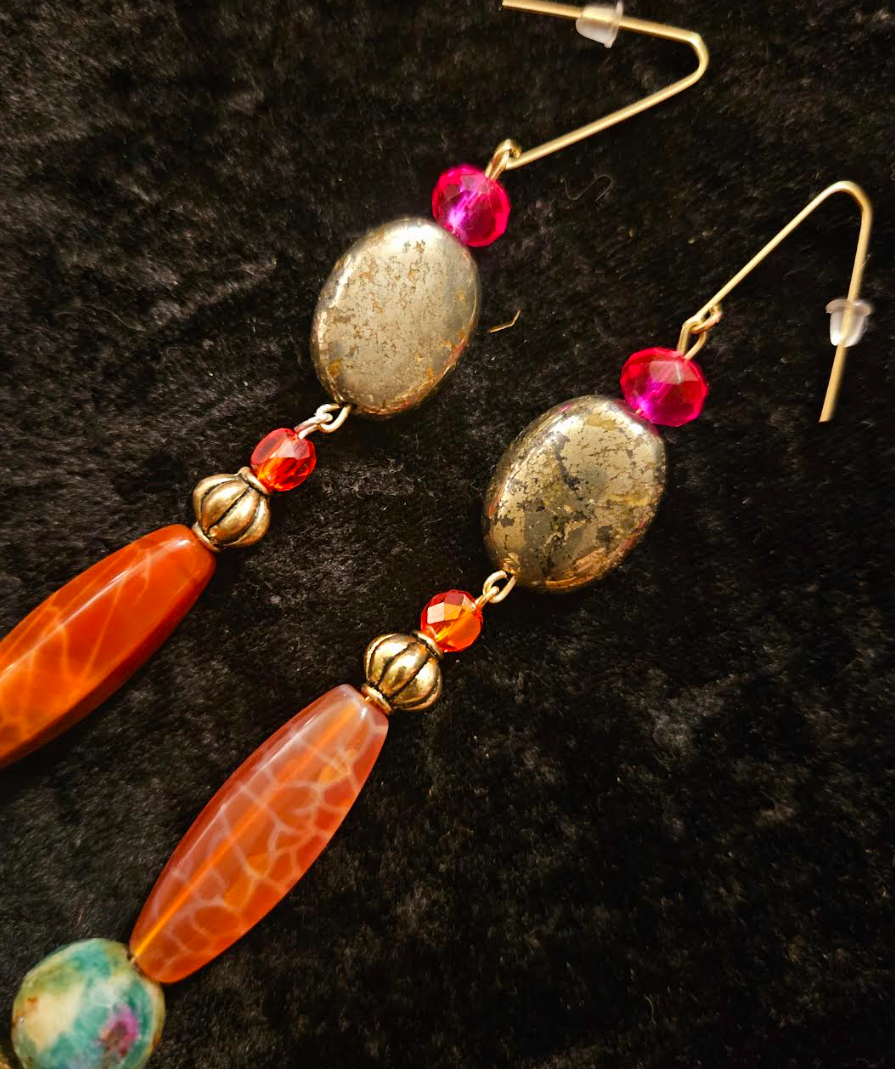 Long and Colorful Mixed Gemstone Pierced Statement Earrings Quartz A