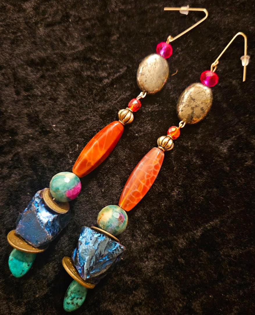 Long and Colorful Mixed Gemstone Pierced Statement Earrings Quartz A