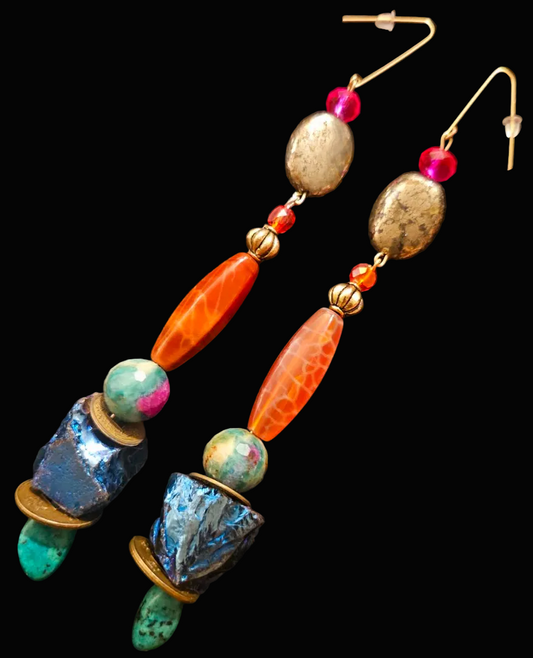 Long & Colorful Mixed Gemstone Pierced Shoulder Duster Earrings