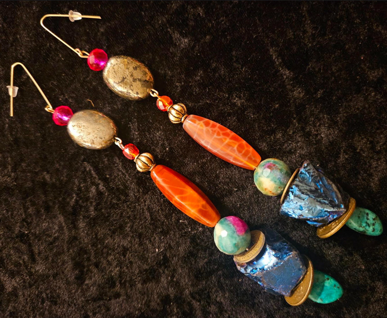 Long and Colorful Mixed Gemstone Pierced Statement Earrings Quartz A