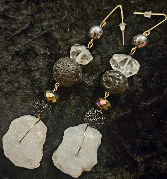 Dramatic Black & White Gemstone Dangle Pierced Statement Earrings Qu