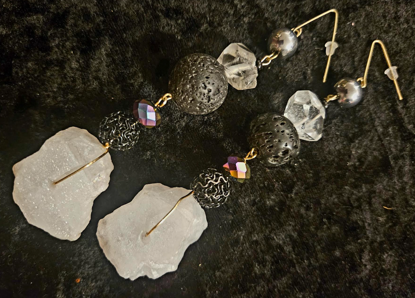 Dramatic Black & White Gemstone Dangle Pierced Statement Earrings Qu