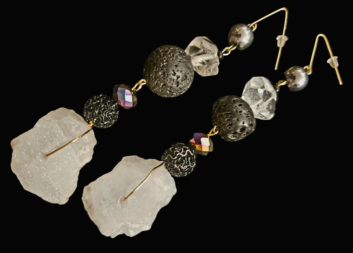 Dramatic Black & White Gemstone Dangle Pierced Statement Earrings
