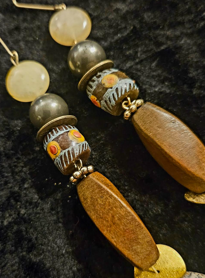 Earth Tone Jasper Wood & Glass Shoulder Dusters Brown Earthy Long