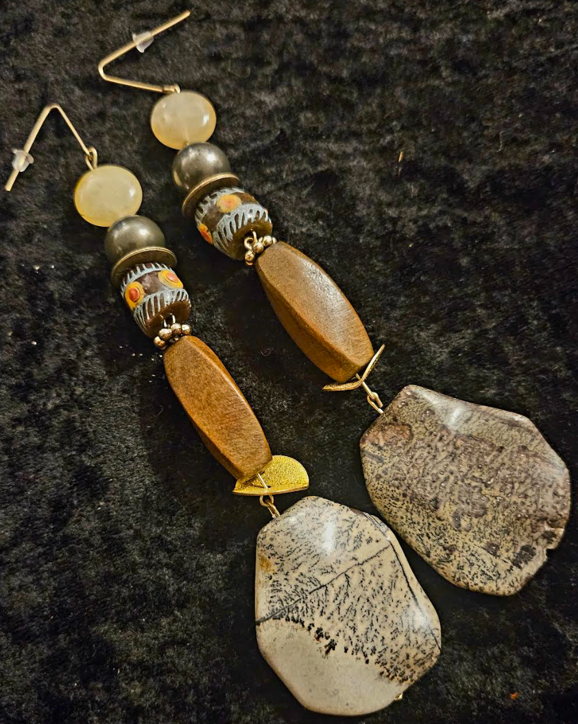 Earth Tone Jasper Wood & Glass Shoulder Dusters Brown Earthy Long