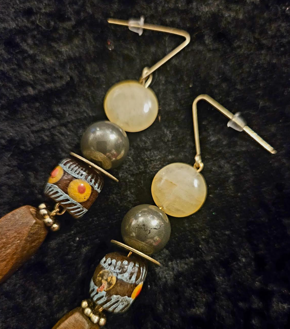 Earth Tone Jasper Wood & Glass Shoulder Dusters Brown Earthy Long