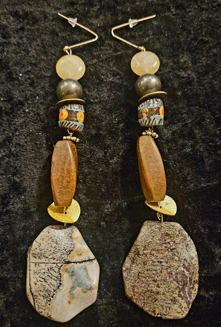 Earth Tone Jasper Wood & Glass Shoulder Dusters Brown Earthy Long