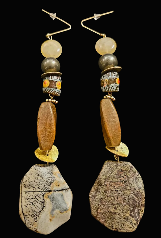 Earth Tone Jasper, Wood & Glass Shoulder Duster Pierced Earrings