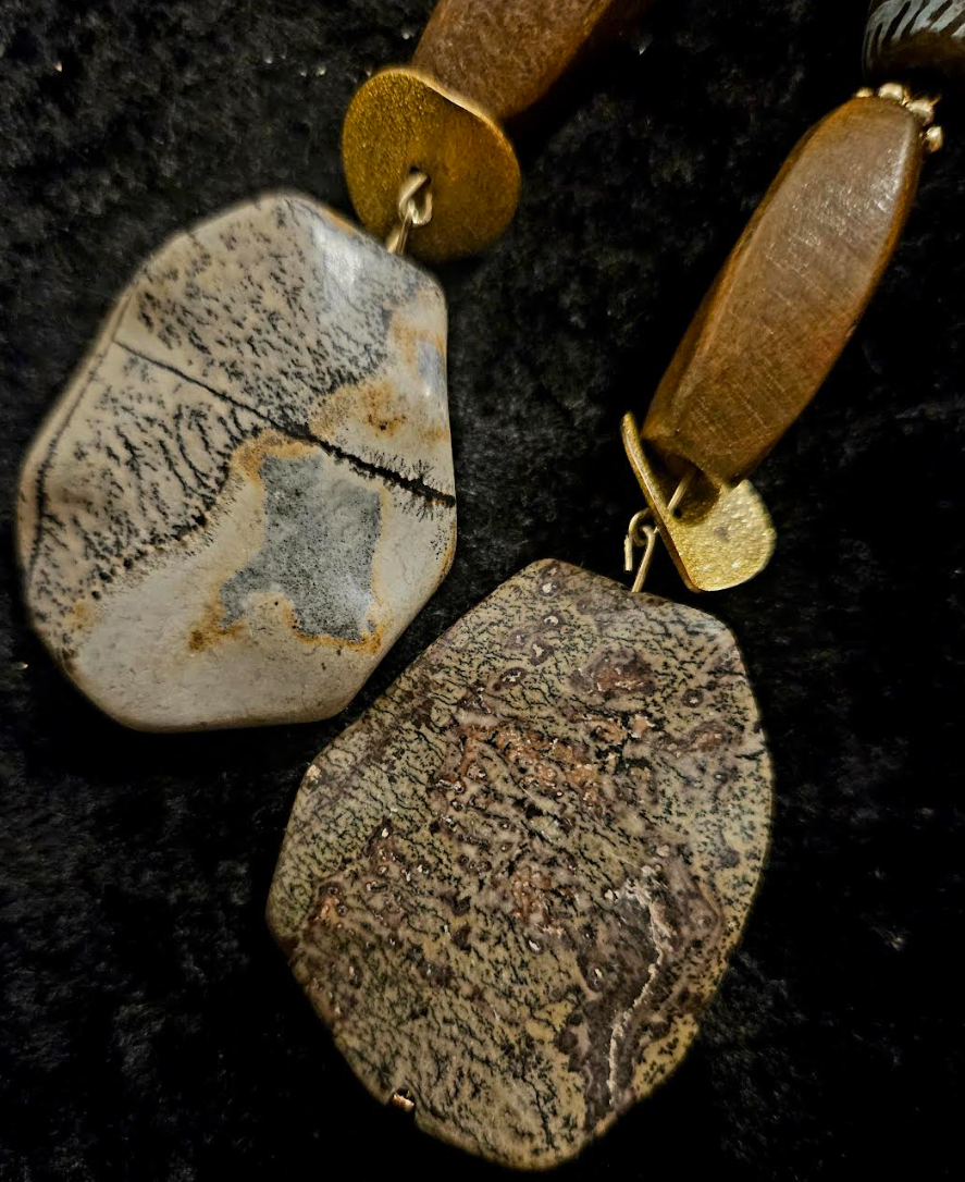 Earth Tone Jasper Wood & Glass Shoulder Dusters Brown Earthy Long