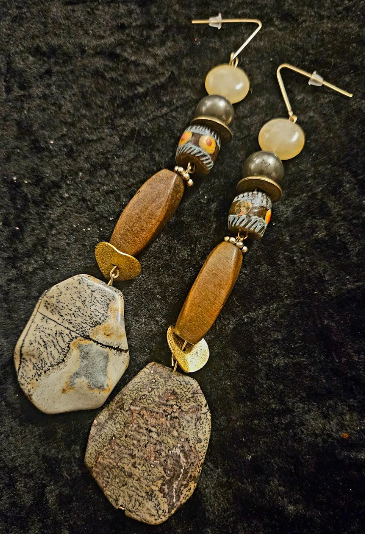 Earth Tone Jasper Wood & Glass Shoulder Dusters Brown Earthy Long