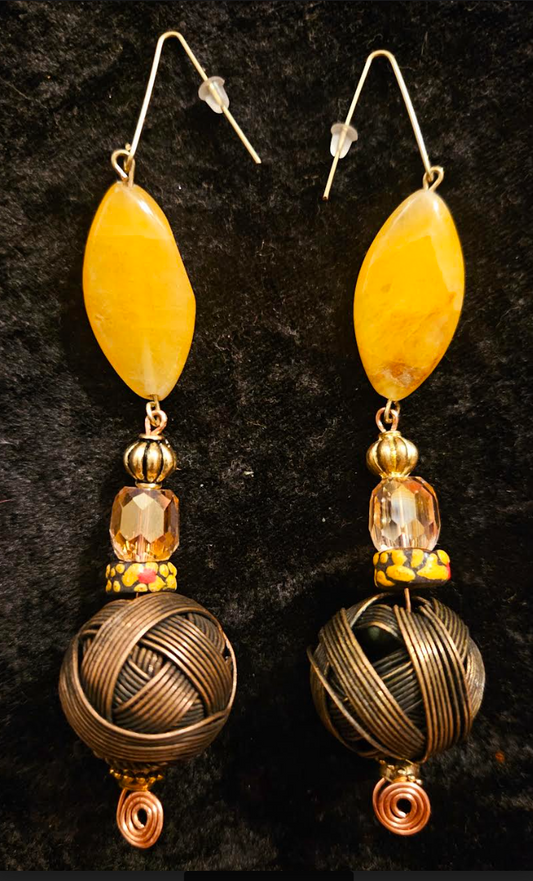 Big Copper Wire Ball & Crystal Drop Pierced Statement Earrings Earth