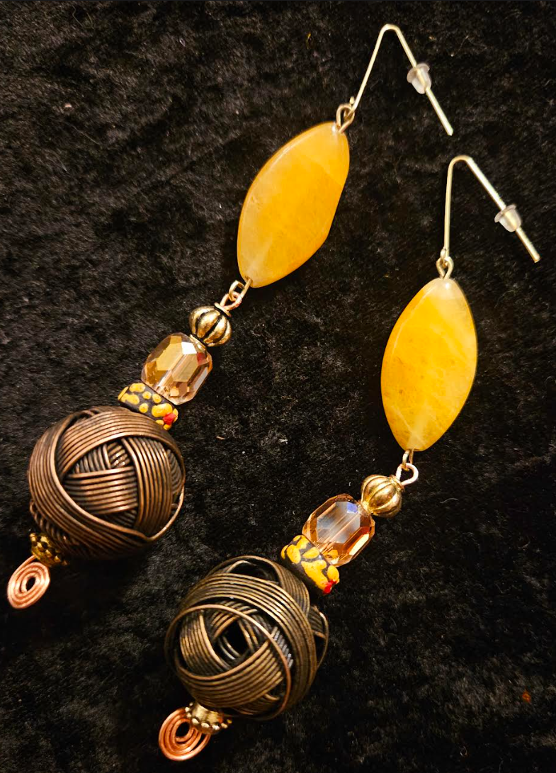 Big Copper Wire Ball & Crystal Drop Pierced Statement Earrings Earth