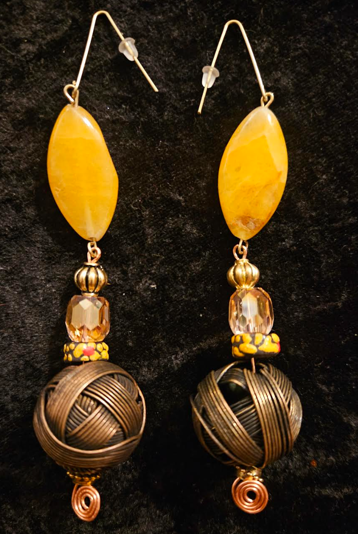 Big Copper Wire Ball & Crystal Drop Pierced Statement Earrings Earth