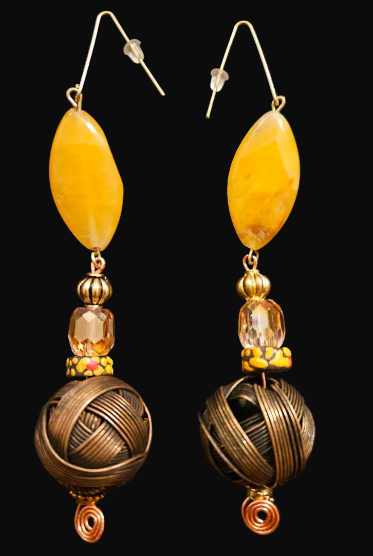 Big Copper Wire Ball & Crystal Drop Shoulder Dusters - Pierced Earrings